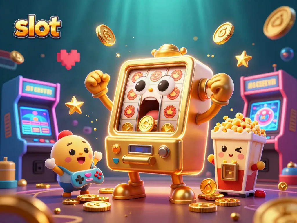 Spin the slot machine, revealing a jackpot of coins and cheering small slot machines in vibrant colors.