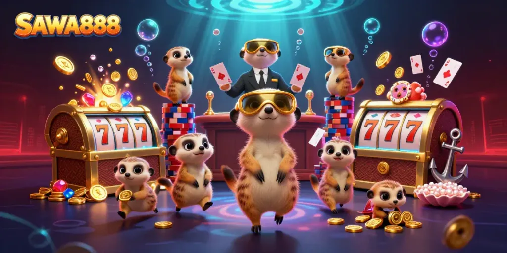 SAWA888 meerkats managing a vibrant casino with slot reels, coins, and colorful gems.