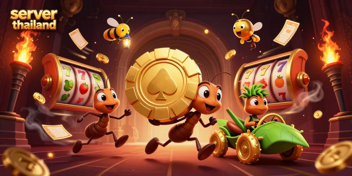 Experience thrilling gaming with server thailand as 3D cartoon ants carry a giant poker chip through a casino.