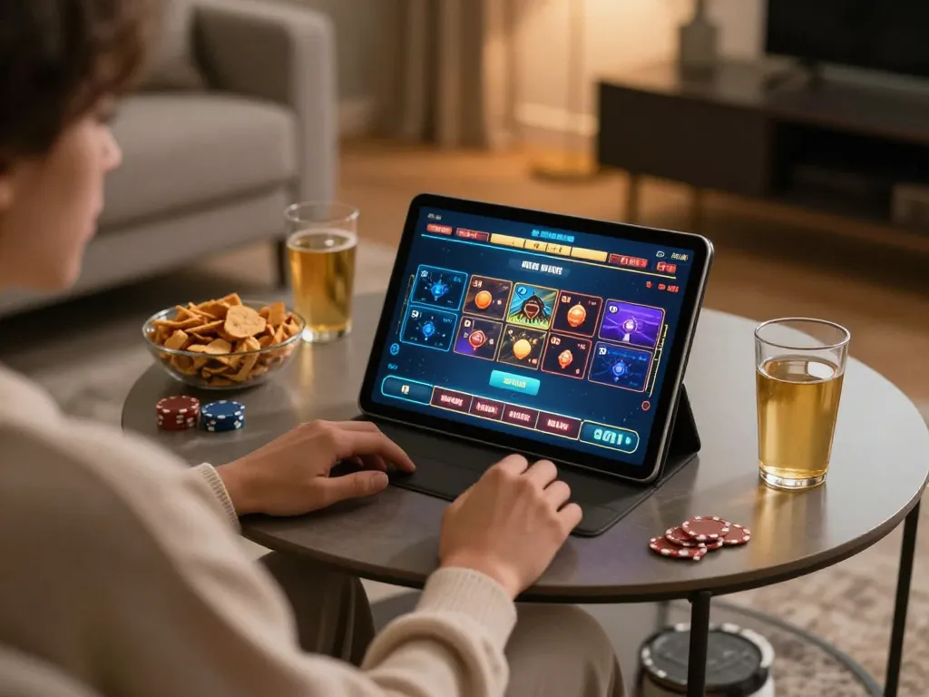 Engaging in sun win online gaming from home with a tablet in a cozy setting