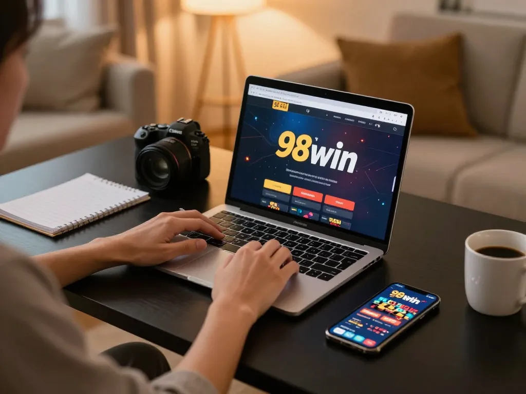 Player engaging with the 98win online casino on a laptop in a home gaming setup