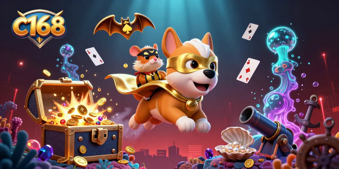 Experience thrilling gameplay with C168, where a superhero dog and sidekick hamster celebrate riches in an underwater casino.