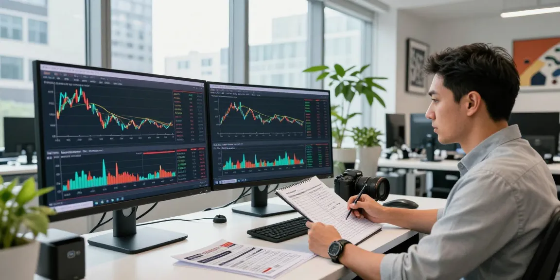 Trader menganalisis grafik Kakakjudi di kantor modern dengan banyak layar.