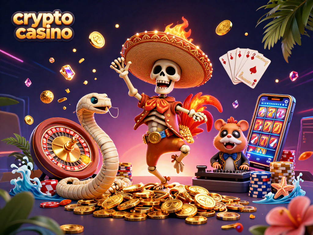Cascading golden coins celebrate a crypto casino victory with colorful characters and vibrant game elements.