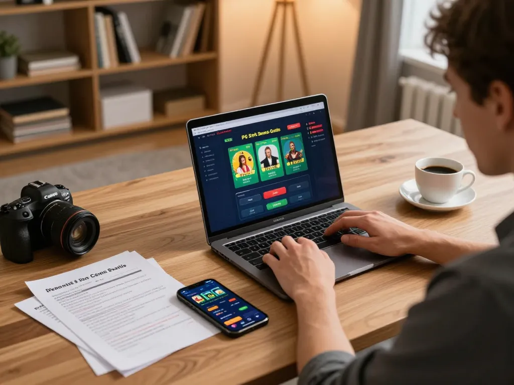 Berinteraksi dengan PG Soft Demo Gratis di laptop dalam pengaturan kantor rumah yang nyaman, menekankan judi online yang strategis.