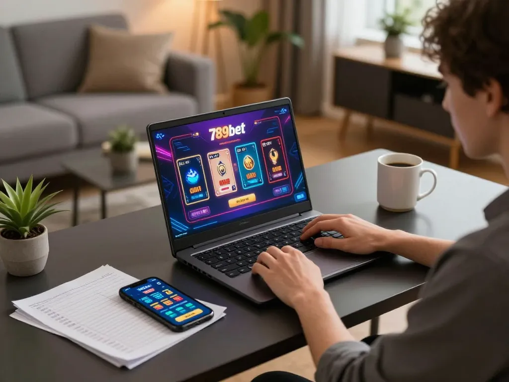 Engaging in online gaming at 789bet with a cozy home setup, showcasing a laptop and mobile interaction.