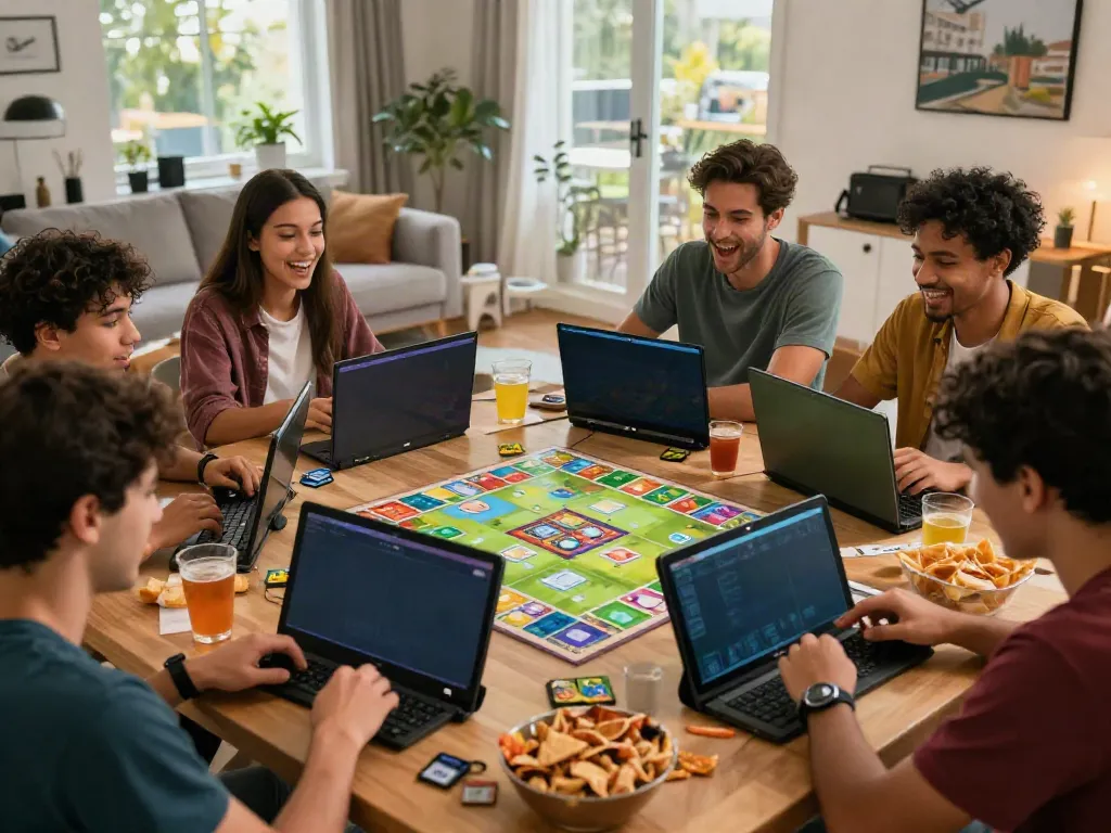 Players enjoying Rumble Rummy on their smartphones in a lively living room, emphasizing fun and engagement.
