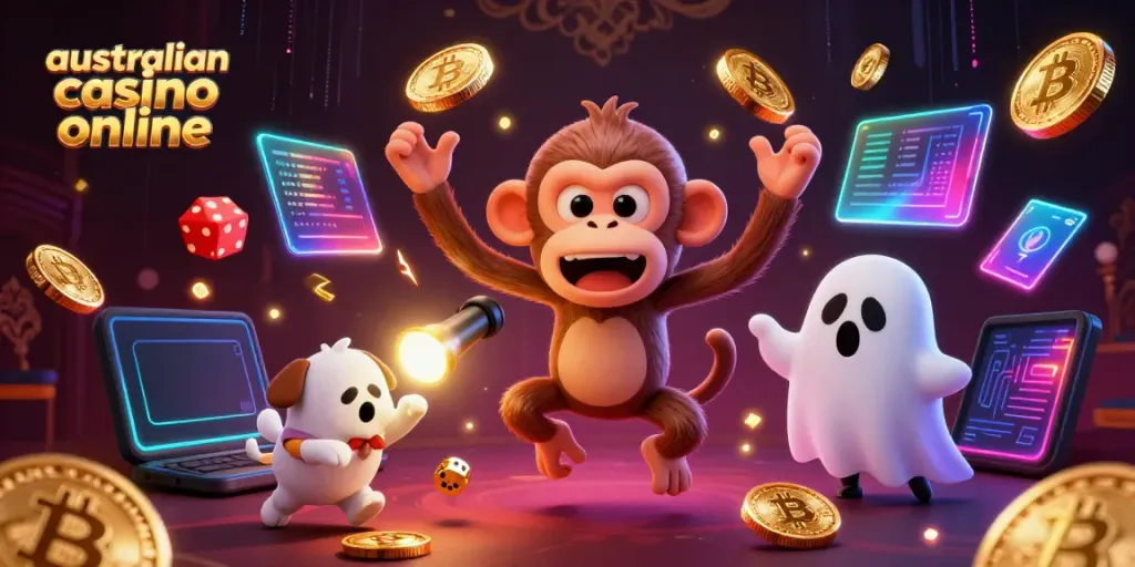 Engage with the australian casino online scene featuring a mischievous monkey and a curious pup amidst vibrant gambling elements.