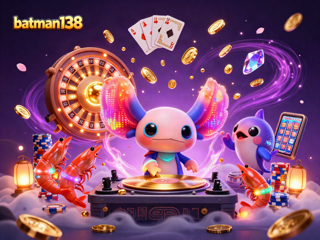 Experience batman138 with a vibrant axolotl DJ and lively gaming action in a dynamic casino scene.