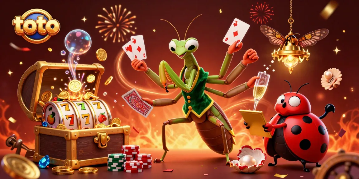 Join the excitement of toto gaming with a giant praying mantis dealing cards and a ladybug pit boss in a vibrant casino
