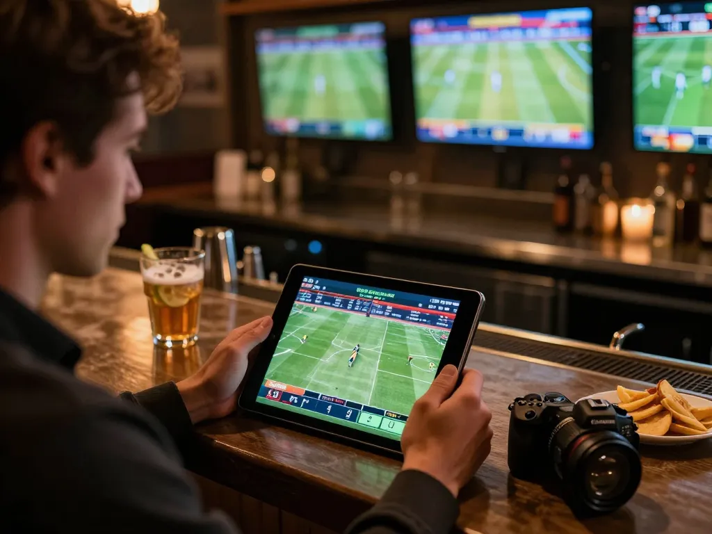 Placing bets on sports events with BONGDALU at a stylish bar, showcasing screens and excitement