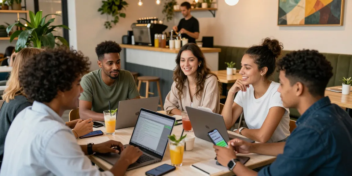 Dynamic group of friends chatting over drinks using شات الخليج in a cozy café