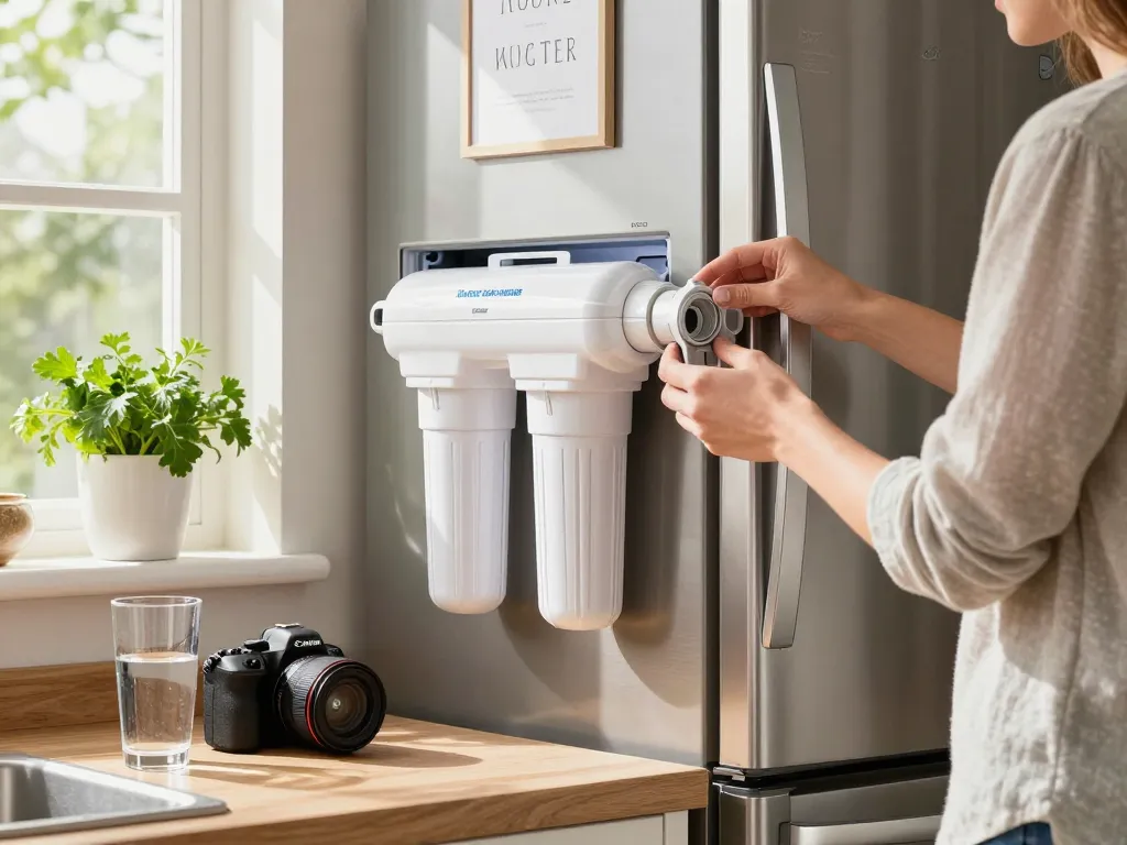 Installing Overbest DA29-00020B Refrigerator Water Filter in a bright kitchen with fresh herbs.