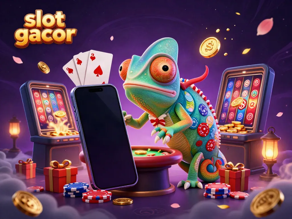 Experience thrilling slot gacor action with a chameleon casino owner and vibrant game elements.