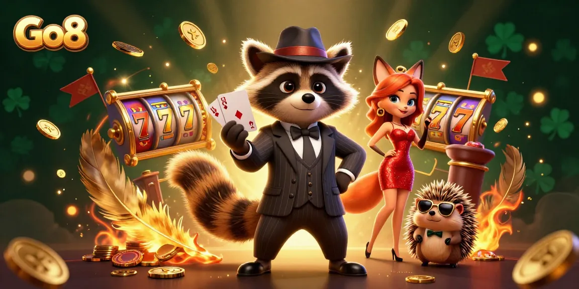 Engage in exhilarating gameplay at Go8 with a lively casino scene featuring our charming characters.