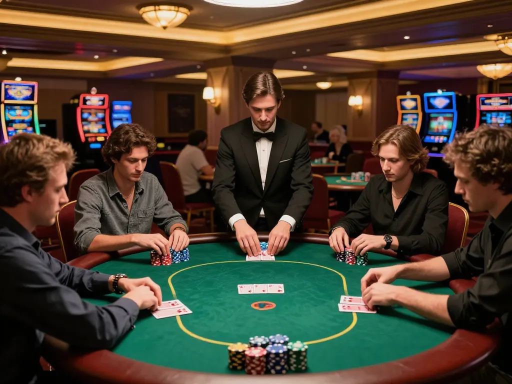 Players strategizing during a thrilling poker game at fly88mb casino, featuring vibrant table setups and warm lighting.