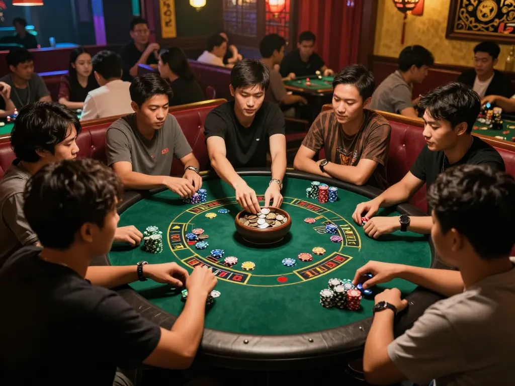 Xóc đĩa players intensely focusing on the table as the dealer shakes coins, capturing the excitement of the game.
