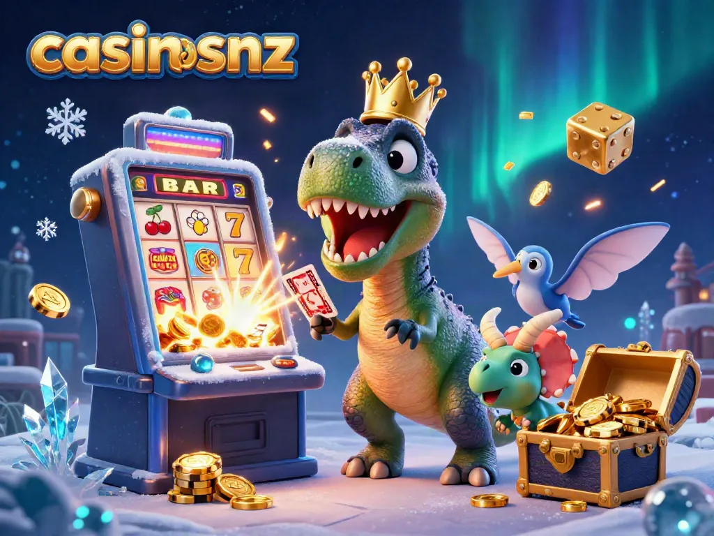 Experience thrilling jackpots at casinosnz with a lively T-Rex, pterodactyl, and triceratops in a vibrant casino scene.