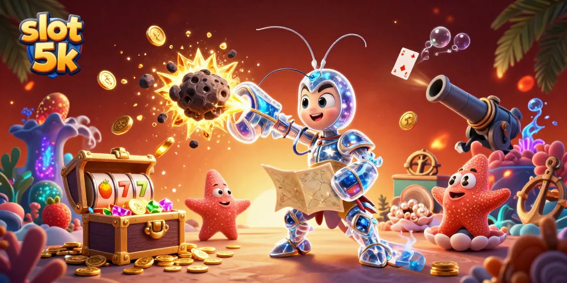 Experience the exciting slot 5k universe as vibrant characters explode into gems and coins in this animated scene.