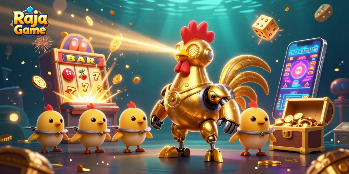 Raja Game brings excitement with a futuristic rooster robot and vibrant casino elements for winning thrills.