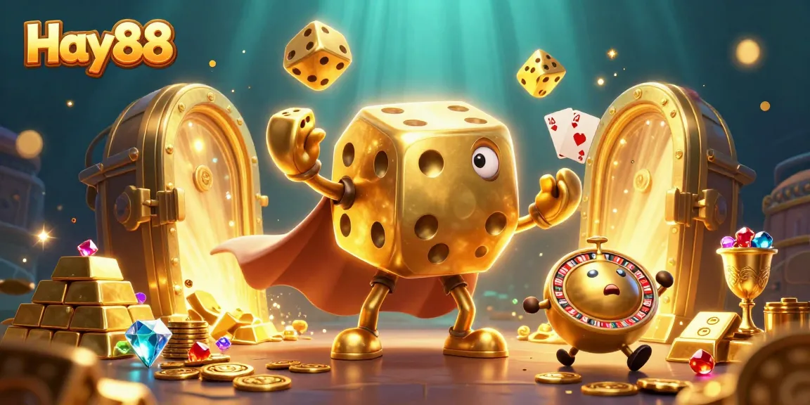 Experience the thrill of Hay88 with engaging golden dice characters and casino elements.