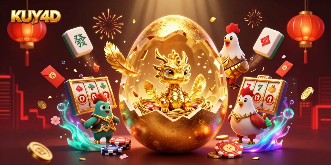 Gambarkan KUY4D dengan telur emas besar pecah menampilkan naga emas di atas chip poker.