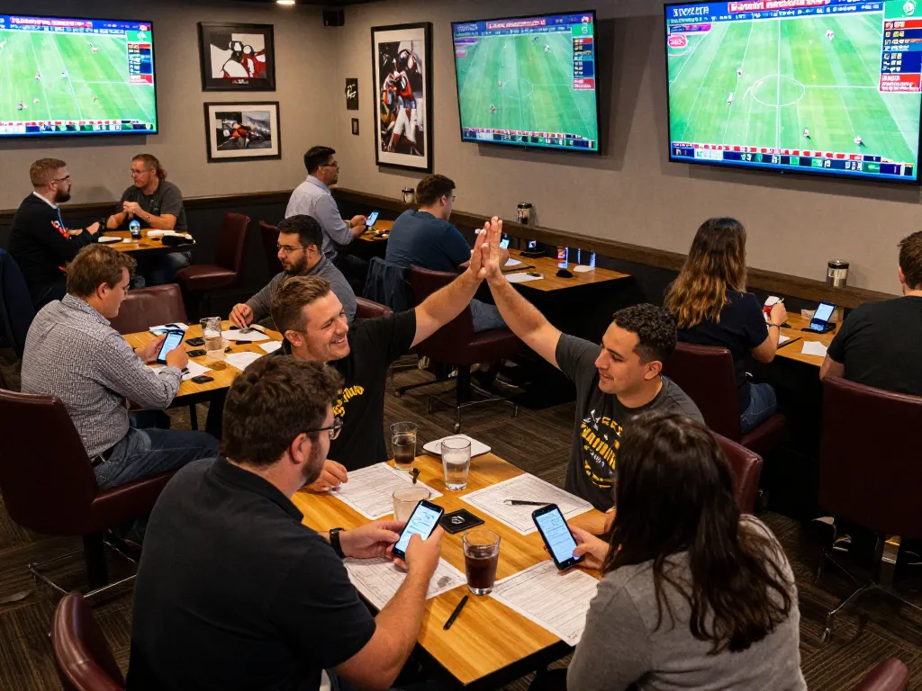 Nowgoal users placing bets in an exciting sports betting lounge with live match displays.
