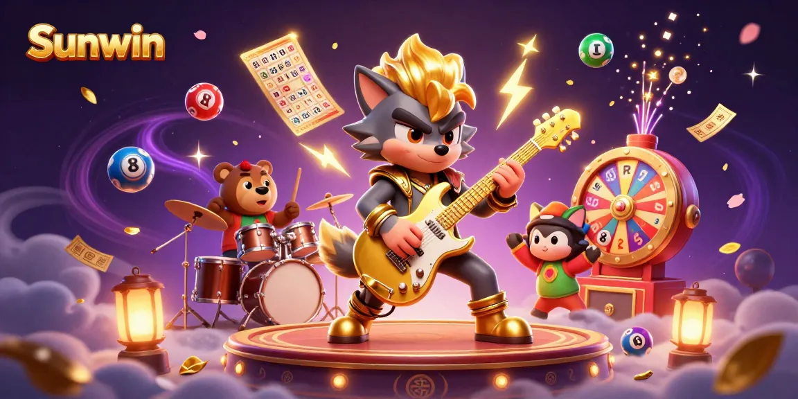 Engage with the exciting Sunwin gaming scene featuring a rock star wolf amidst dynamic casino elements.