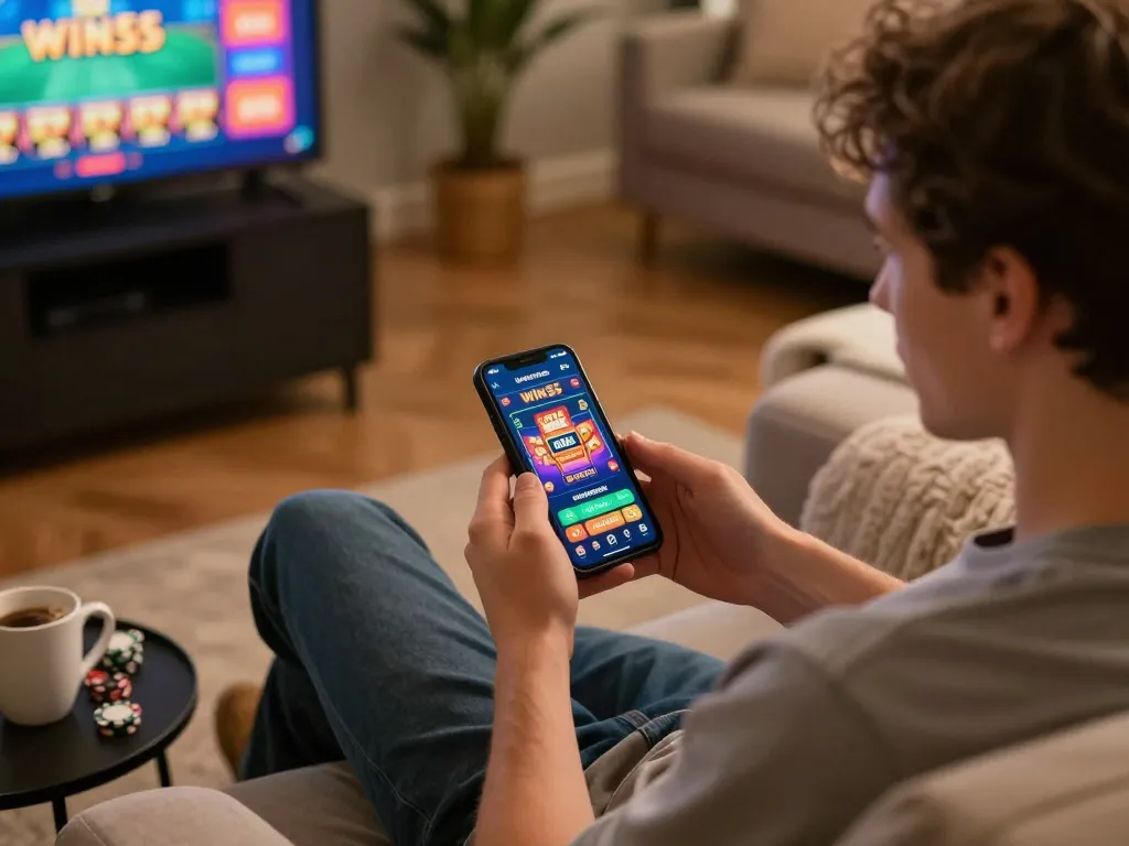Player enjoying win55 on smartphone in a cozy home setting with snacks
