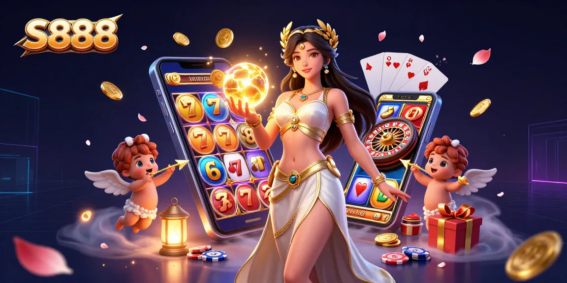 S888 offers an immersive casino experience with 3D characters amidst colorful slot games and golden coins.