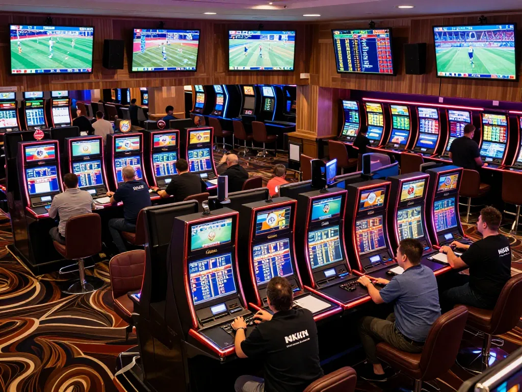 Sports bettors at a lively casino using Net88’s mobile app to place bets amidst screens displaying live sports