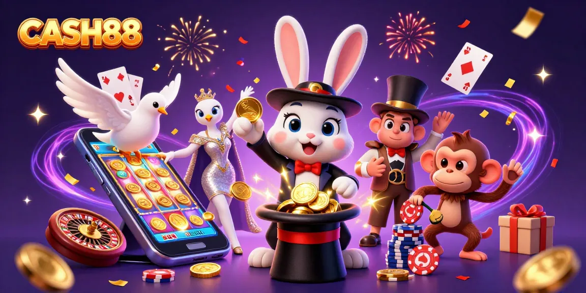 Experience excitement with CASH88 as the magician rabbit conjures golden coins amidst thrilling casino elements