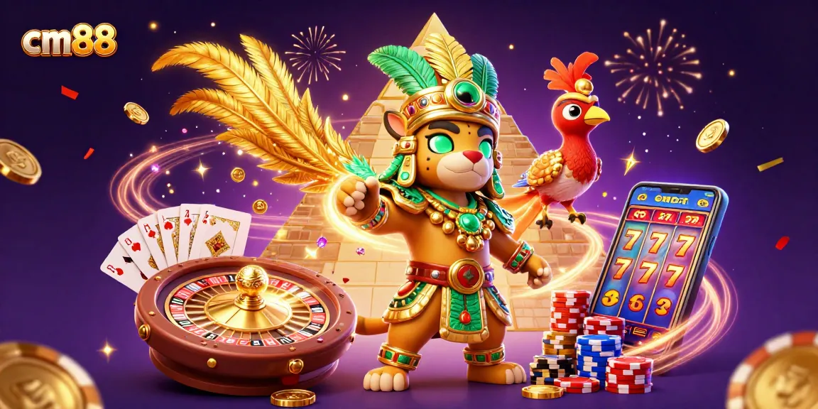 Spin big with cm88 at an ultra-detailed Mayan-themed 3D casino illustration showcasing vibrant gaming elements.