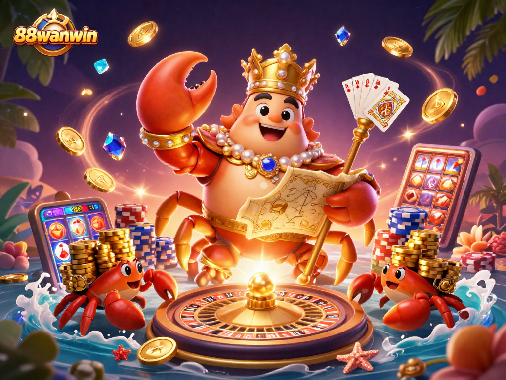 Experience thrilling wins with 88wanwin's golden crab emperor amidst spinning roulette and dynamic slot reels.