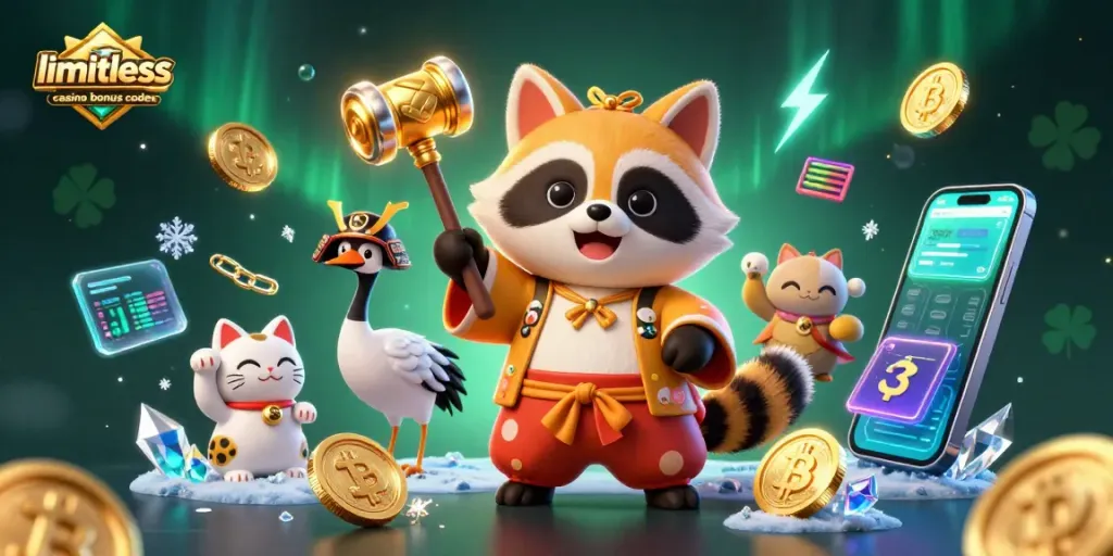 Engage with limitless casino bonus codes through vibrant 3D gaming characters and crypto elements.