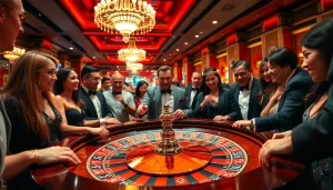 Casino players engage at a roulette table, enjoying a lively atmosphere.