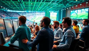 Engaged bettors participating in Sports Betting surrounded by digital odds displays.