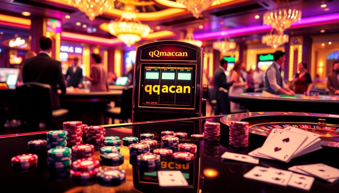 Experience excitement at the qqmacan slot machine with luxurious casino elements and vibrant atmosphere.