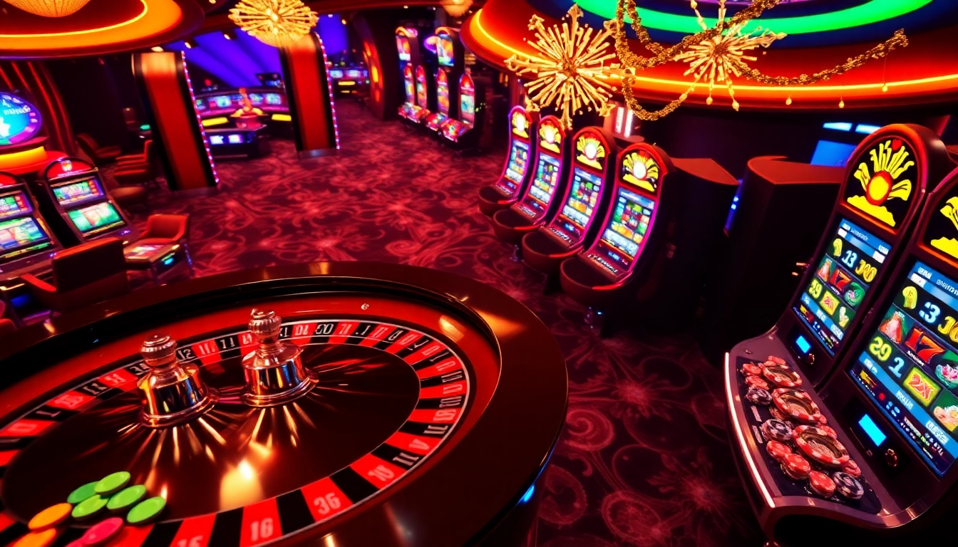 Engaging casino scene with BRO138 theme showcasing roulette, chips, and festive decor.