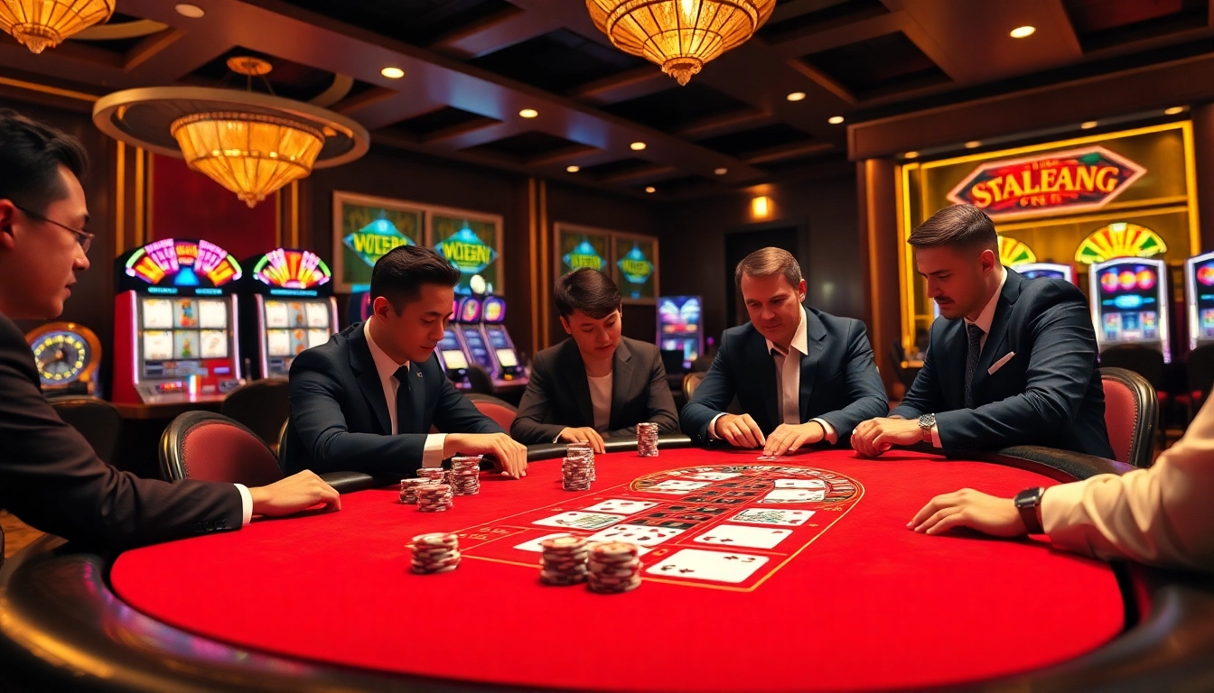 KJC gamblers enjoying a high-stakes poker game with vibrant slot machines in the background.