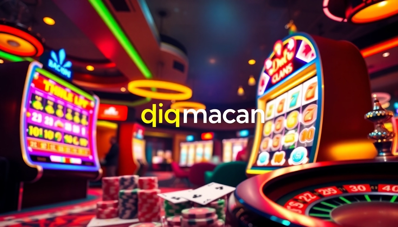 Experience thrilling gameplay at qqmacan with a vibrant slot machine, poker chips, and roulette wheel.