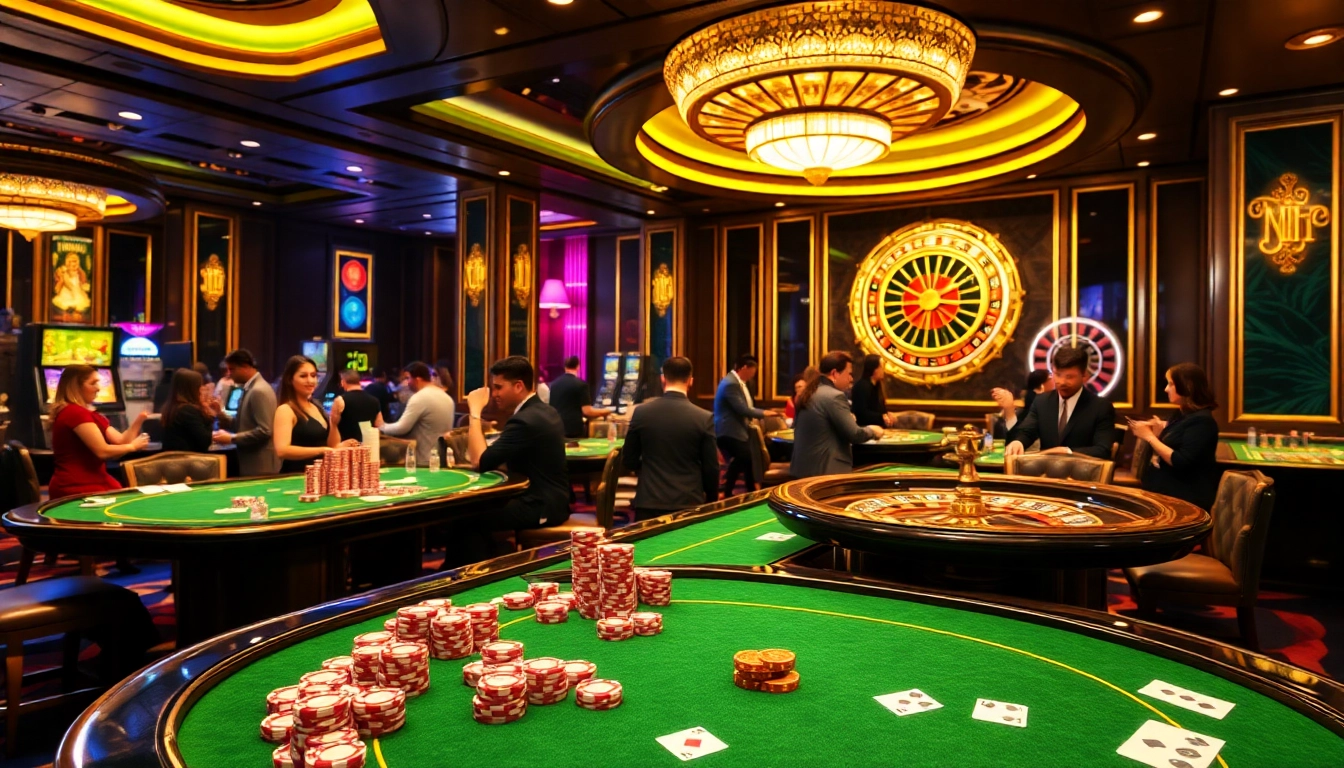 Engaging gamblers at a luxurious casino with slot api raja 88 and vibrant chip stacks.