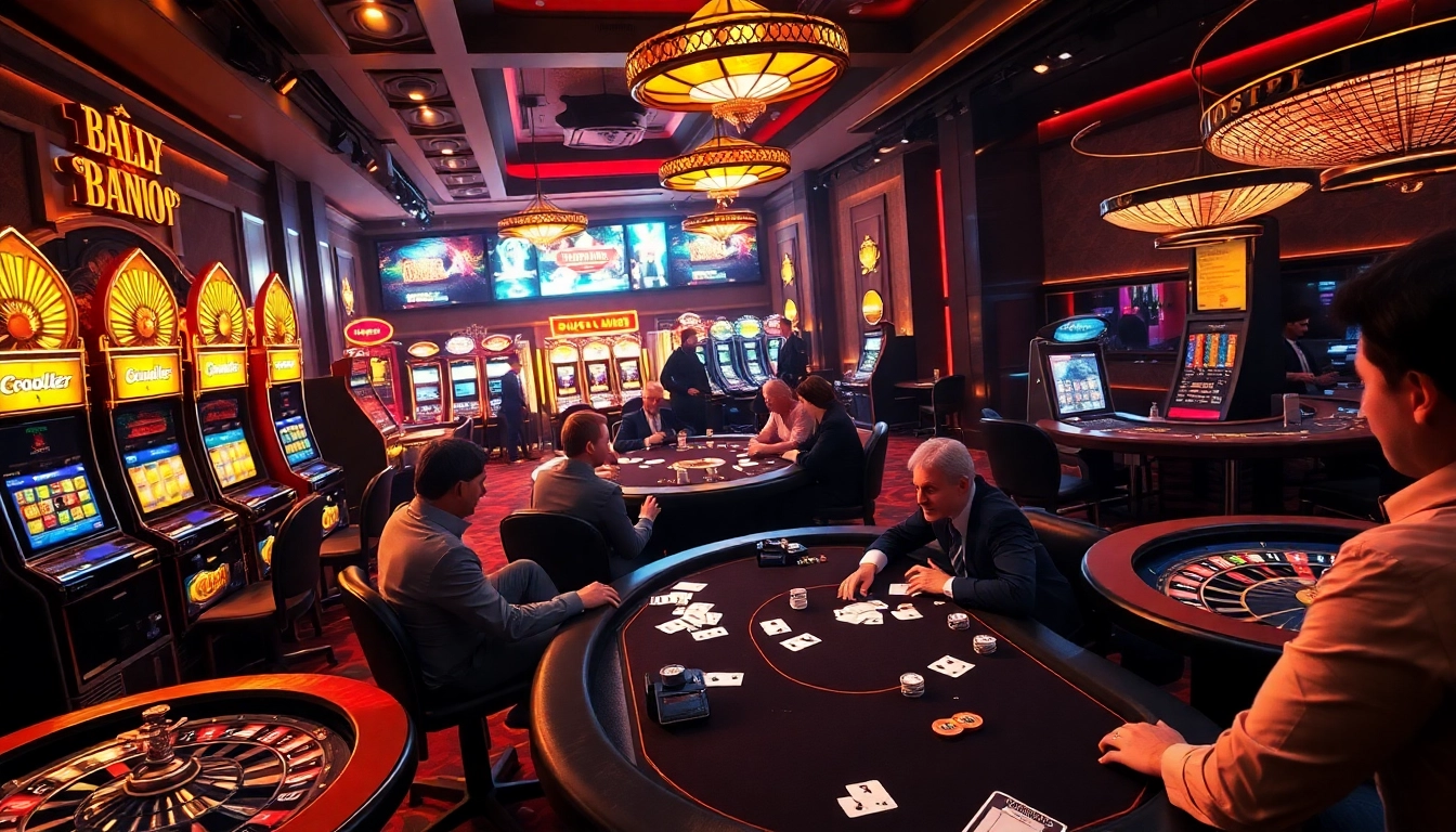 Excited players enjoying the vibrant atmosphere at boosterjp online casino with slot machines and poker tables.