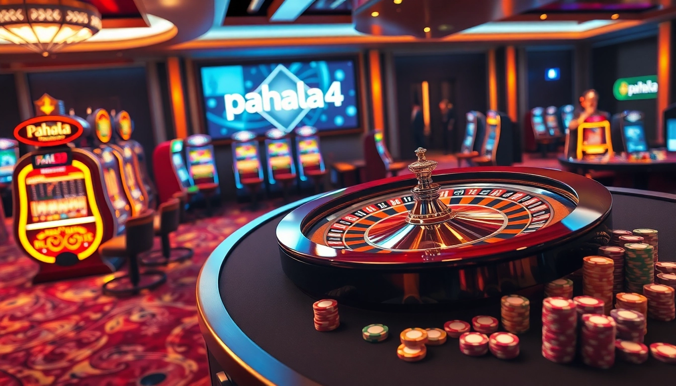 Pahala4d players enjoying an exciting game at a luxurious casino table with bright slot machines.