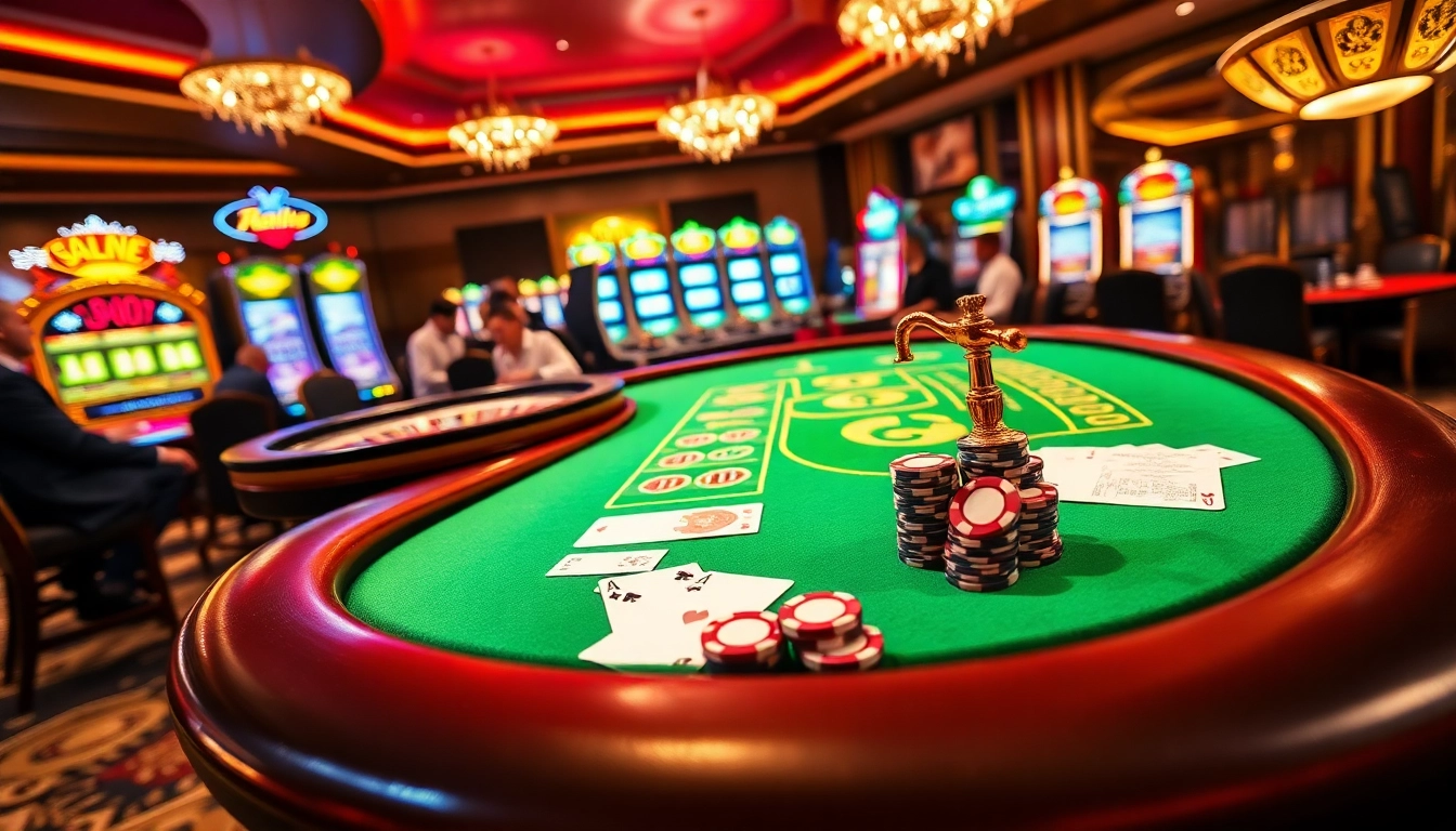 KJC casino scene with vibrant poker tables, illuminated slot machines, and a thrilling atmosphere.