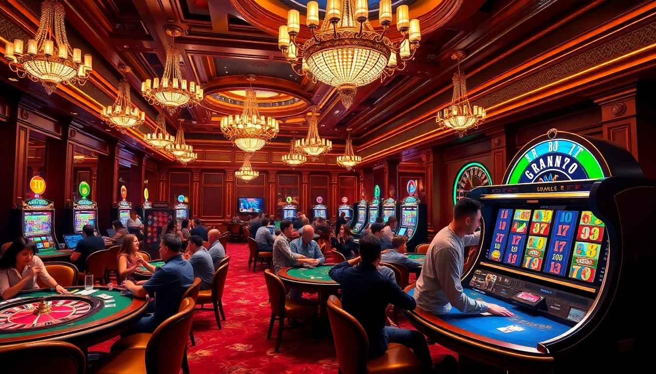 Players engaging with the slot777 machine in a luxurious casino setting, showcasing the thrill of gambling.