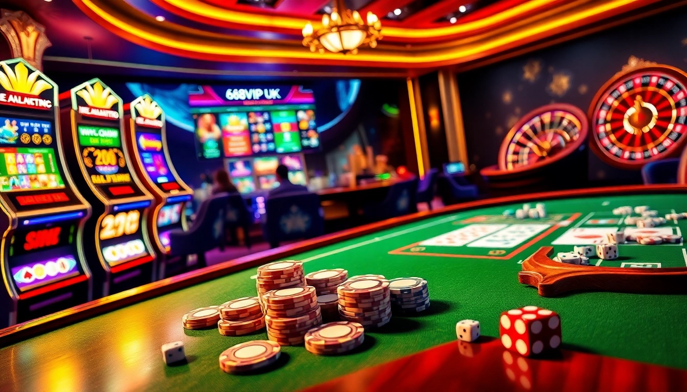 Players engage in thrilling games at 68VIP.UK, featuring poker chips, roulette wheel, and slot machines.