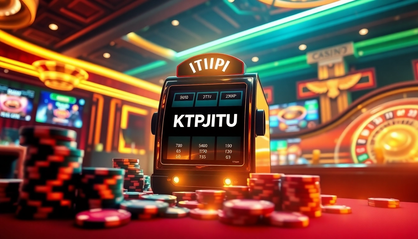 KTPJITU slot machine in a vibrant casino setting with colorful poker chips and roulette wheel.