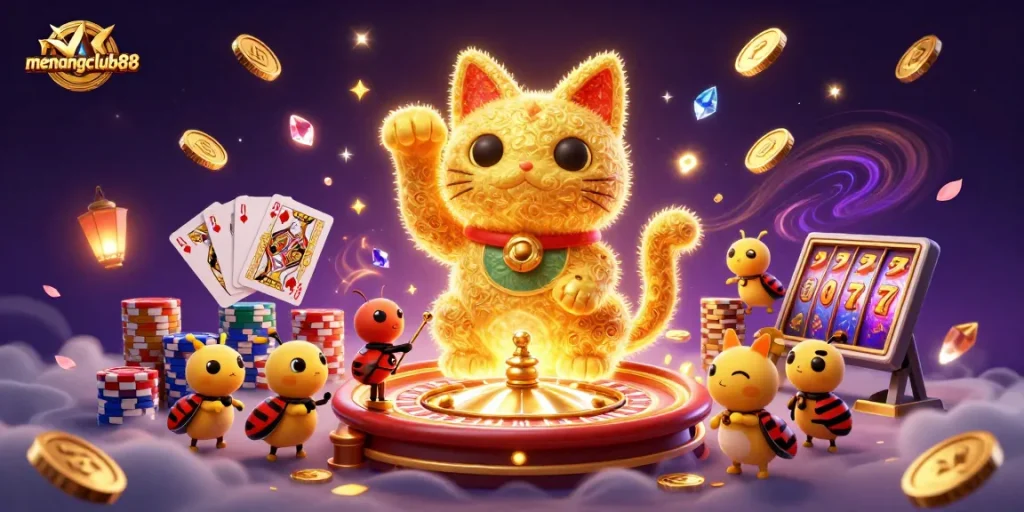 Feel the excitement at menangclub88 with a joyful lucky cat crafted from fireflies amid dazzling casino symbols.