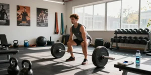 Astera Steroid Shop showcasing a fit individual lifting weights in a vibrant gym setting, highlighting strength training and fitness culture.
